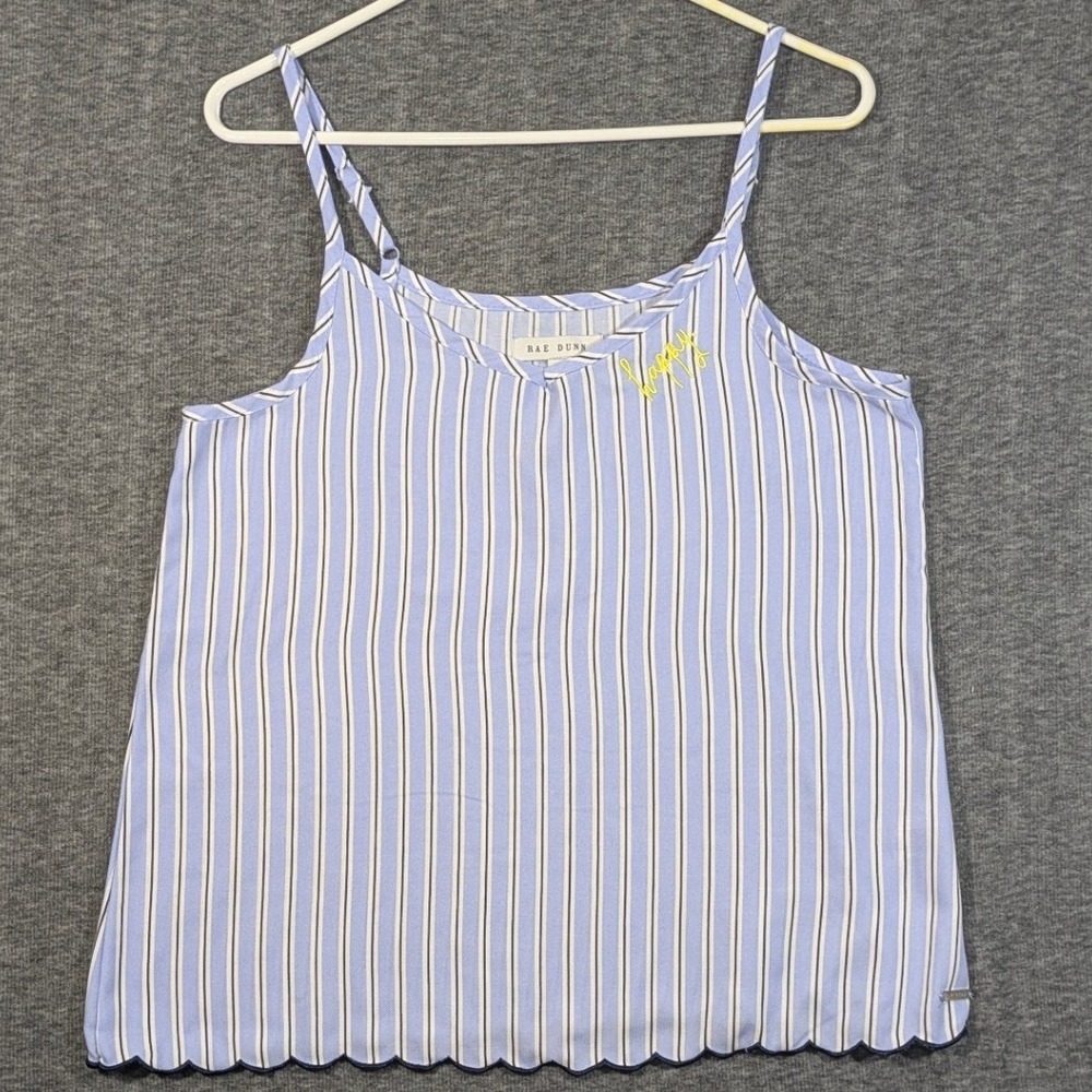 Rae Dunn Blue White Striped Happy Embroidered Scalloped Hem Cami Top Medium